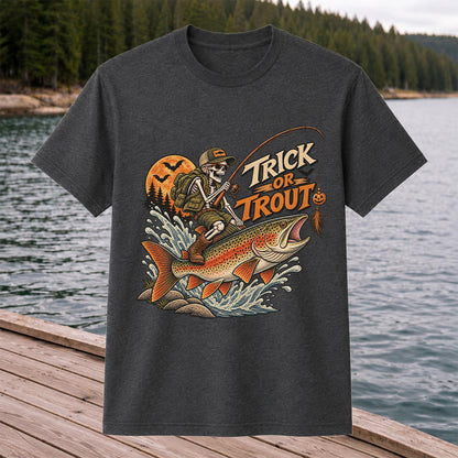 Trick or Trout Halloween Skeleton Angler Fishing T-Shirt