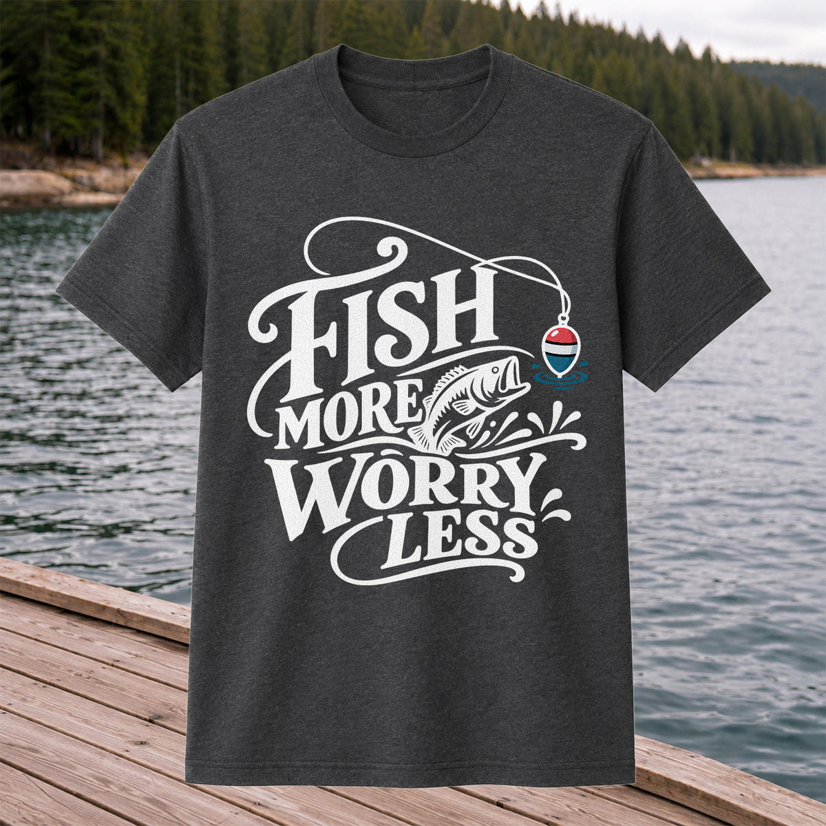 Fish More Worry Less Funny Fishing Graphic T-Shirt