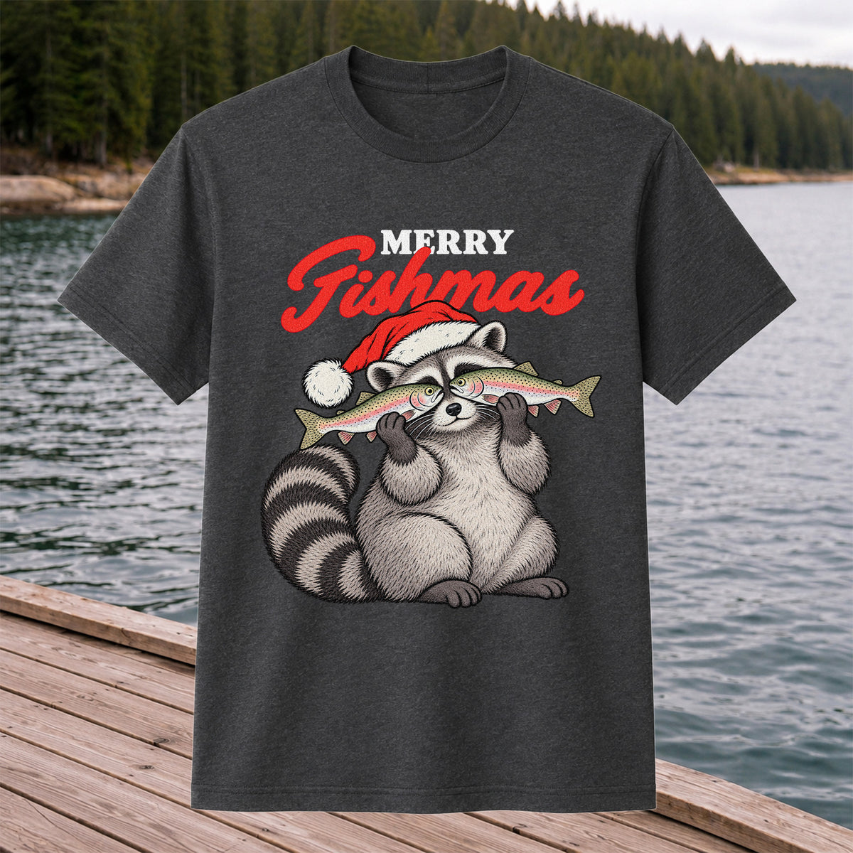 Santa Raccoon Holding Fish Christmas Fishing Graphic T-Shirt