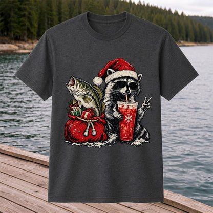 Santa Raccoon Sharing a Bass Christmas Fishing Graphic T-Shirt