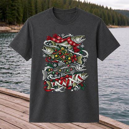 Christmas Trout and Fish Skeleton Holiday Fishing T-Shirt