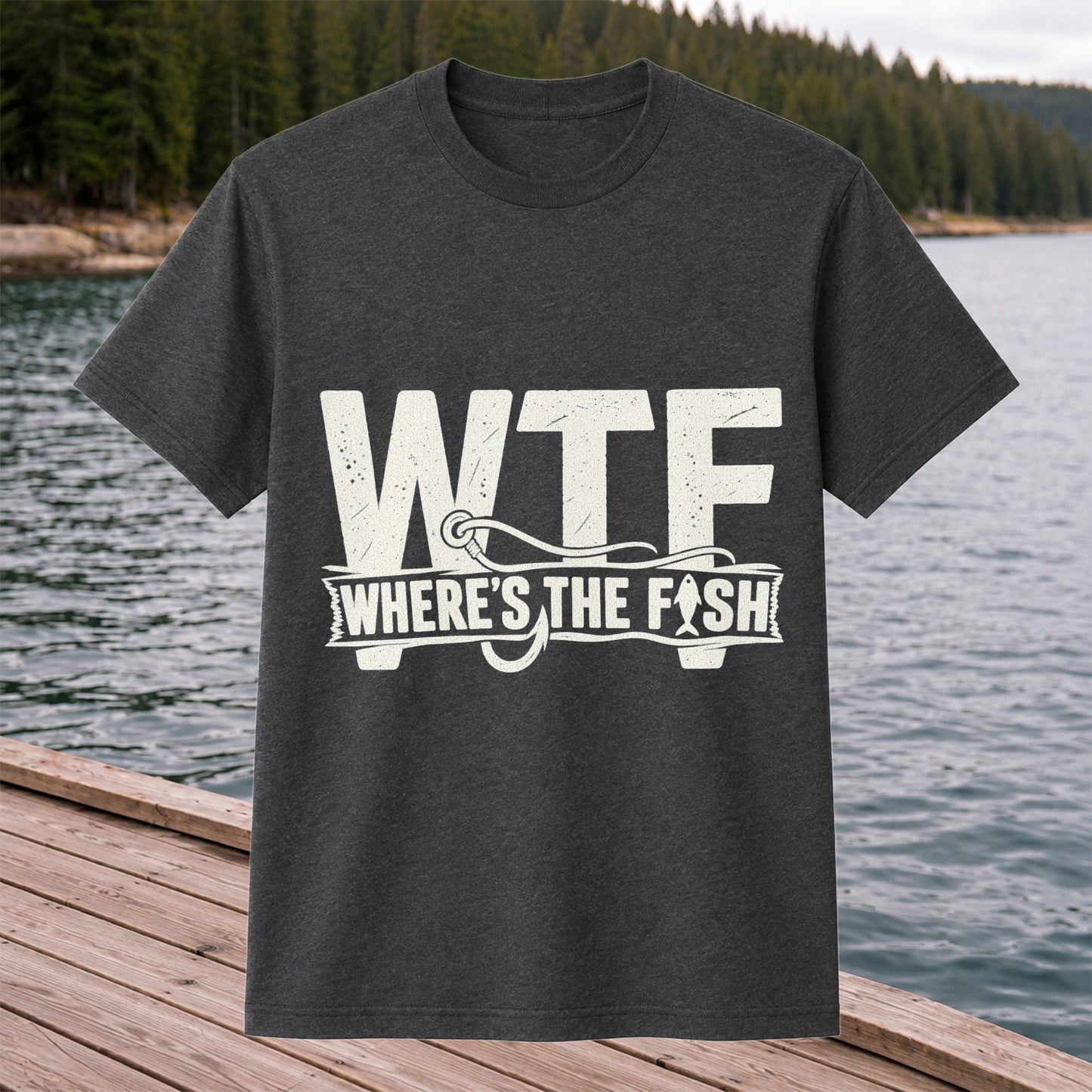WTF Where's the Fish Funny Fishing Hook T-Shirt