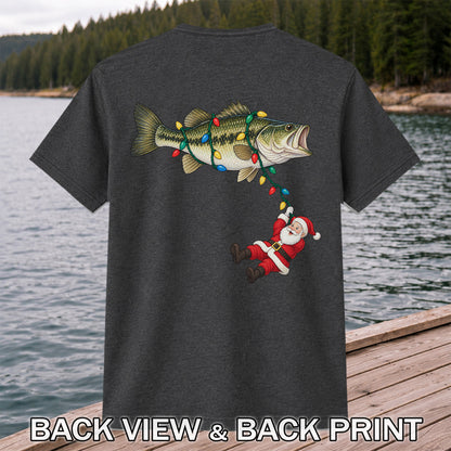 Santa Hanging from Christmas Lights on Bass Fishing Graphic T-Shirt | Back Print