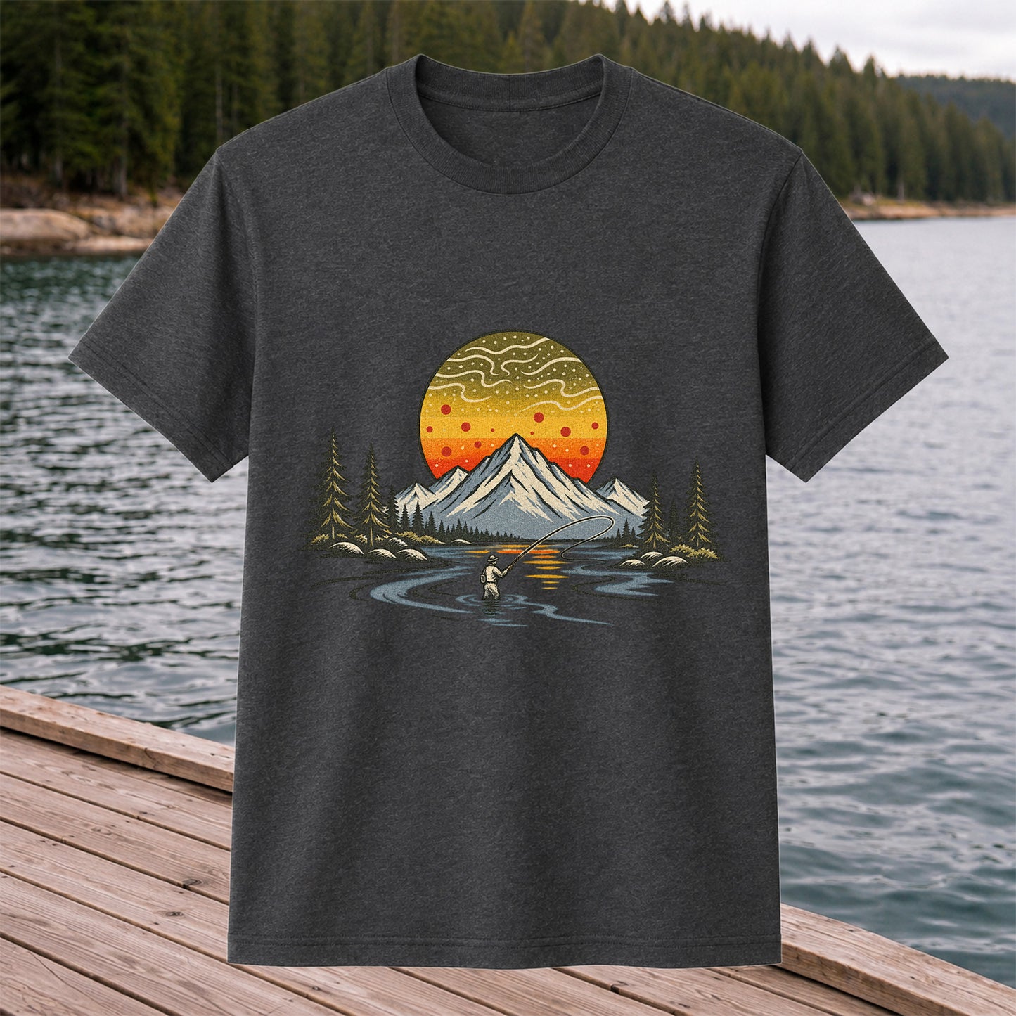 Mountain Sunset Fly Fishing Angler Graphic T-Shirt
