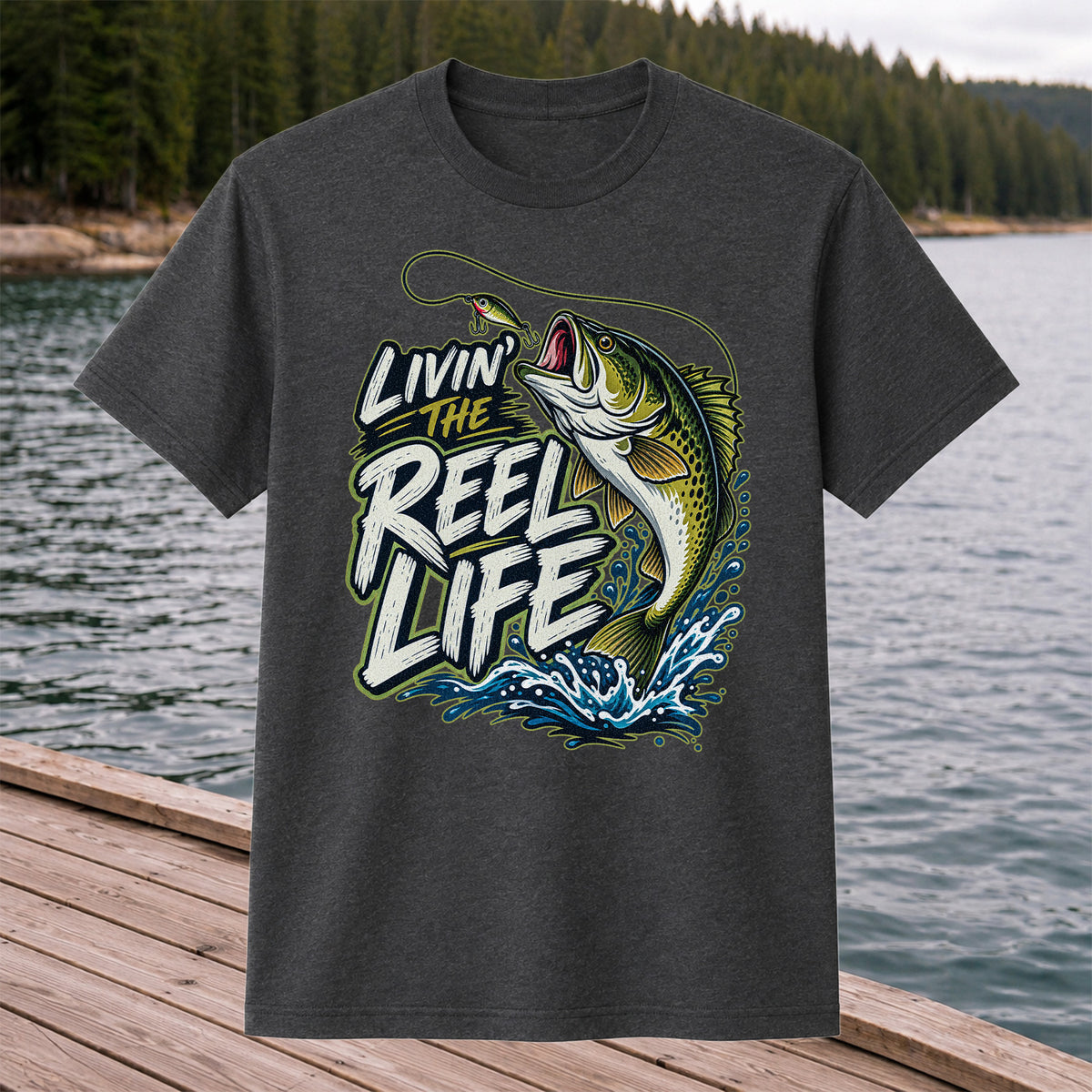 Livin' the Reel Life Jumping Bass Fishing Graphic T-Shirt