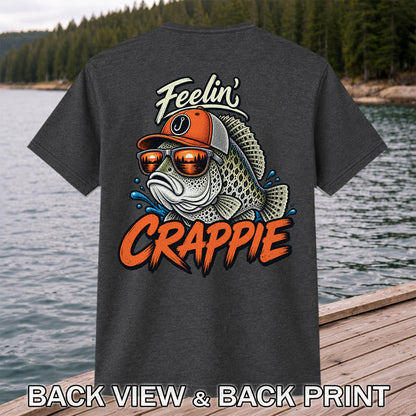 Feelin' Crappie Funny Fishing T-Shirt with Fish in Sunglasses | Back Print