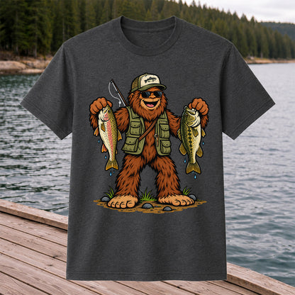 Bigfoot Holding Rainbow Trout and Bass Fishing Graphic T-Shirt