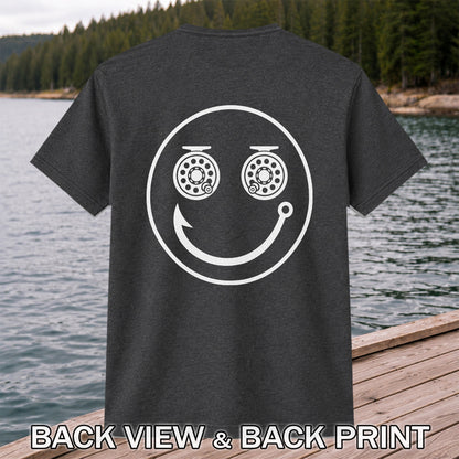 Fishing Reel Eyes Smiley Face Minimalist Graphic T-Shirt | Back Print