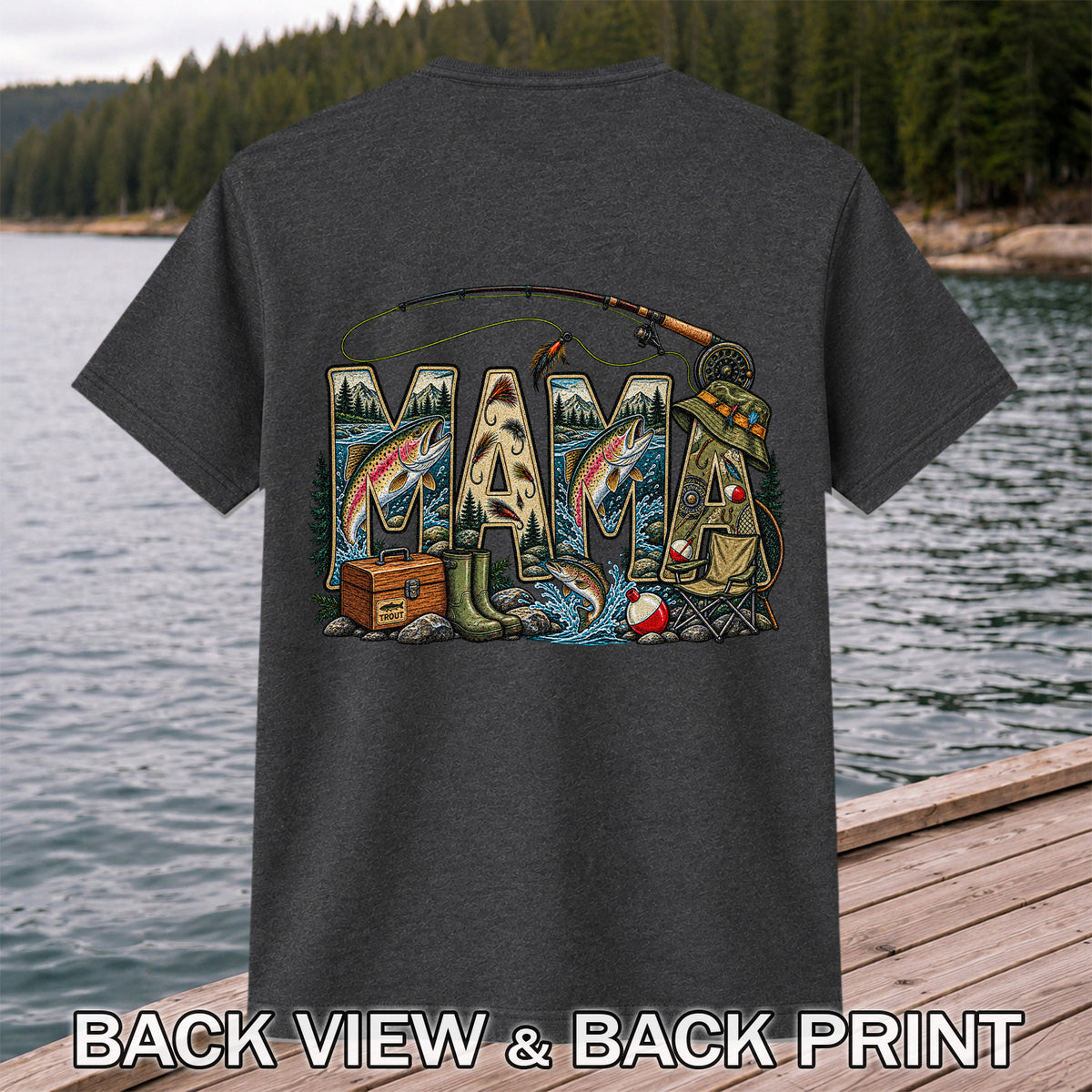 Mama Rainbow Trout Fly Fishing Vintage Graphic T-Shirt | Back Print