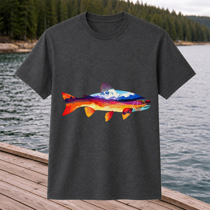 Mountain Sunset Trout Silhouette Fishing Graphic T-Shirt