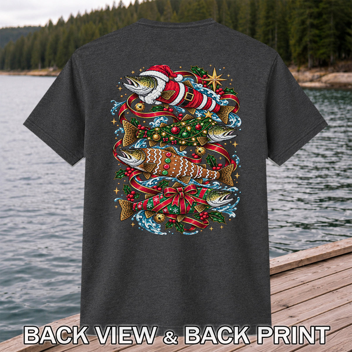 Santa and Gingerbread Trout Christmas Fishing Graphic T-Shirt | Back Print