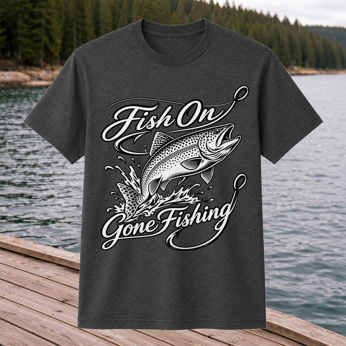 Fish On Gone Fishing Jumping Trout Graphic T-Shirt