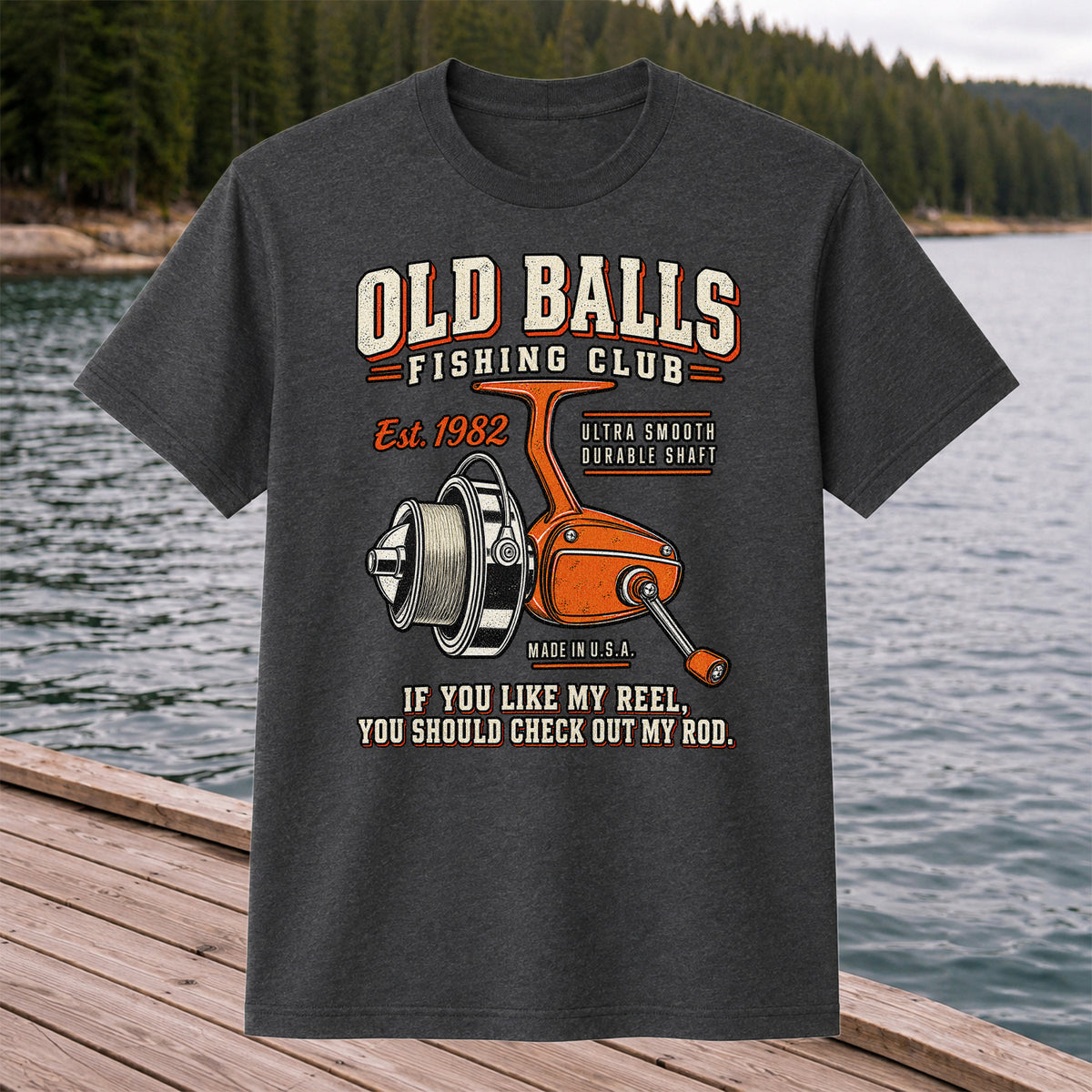 Old Balls Fishing Club Vintage Spinning Reel Graphic T-Shirt