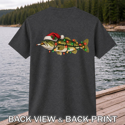 Christmas Bass Fishing Lights and Santa Hat Graphic T-Shirt | Back Print