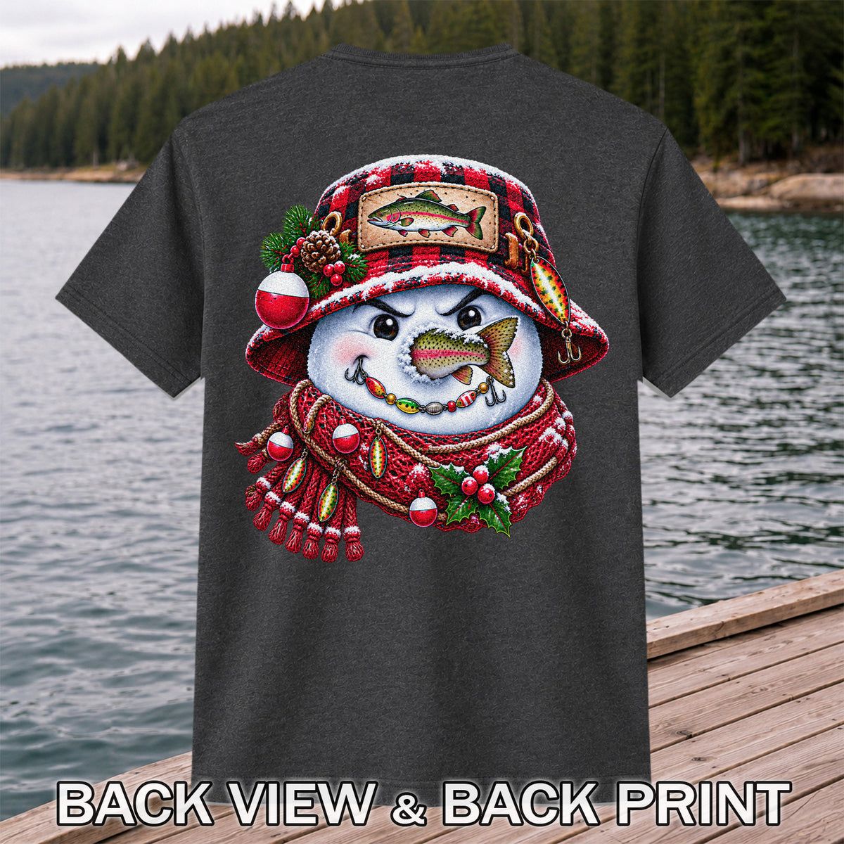 Christmas Snowman Trout Fishing Graphic T-Shirt | Back Print