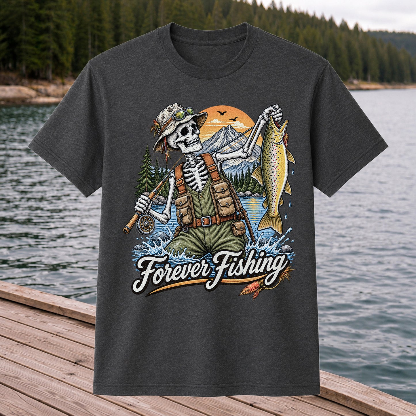 Forever Fishing Skeleton Angler Holding Brown Trout Graphic T-Shirt