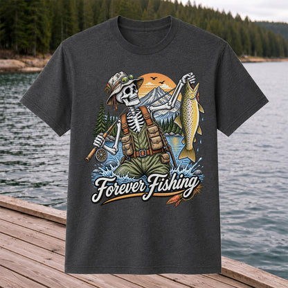 Forever Fishing Skeleton Angler Holding Brown Trout Graphic T-Shirt