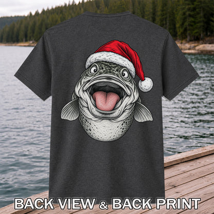 Funny Santa Hat Trout Christmas Fishing Graphic T-Shirt | Back Print
