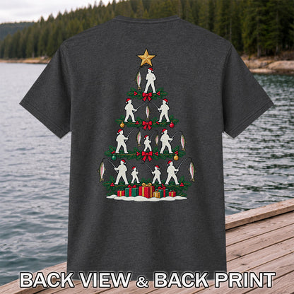 Christmas Tree with Anglers and Rainbow Trout Fishing Graphic T-Shirt | Back Print
