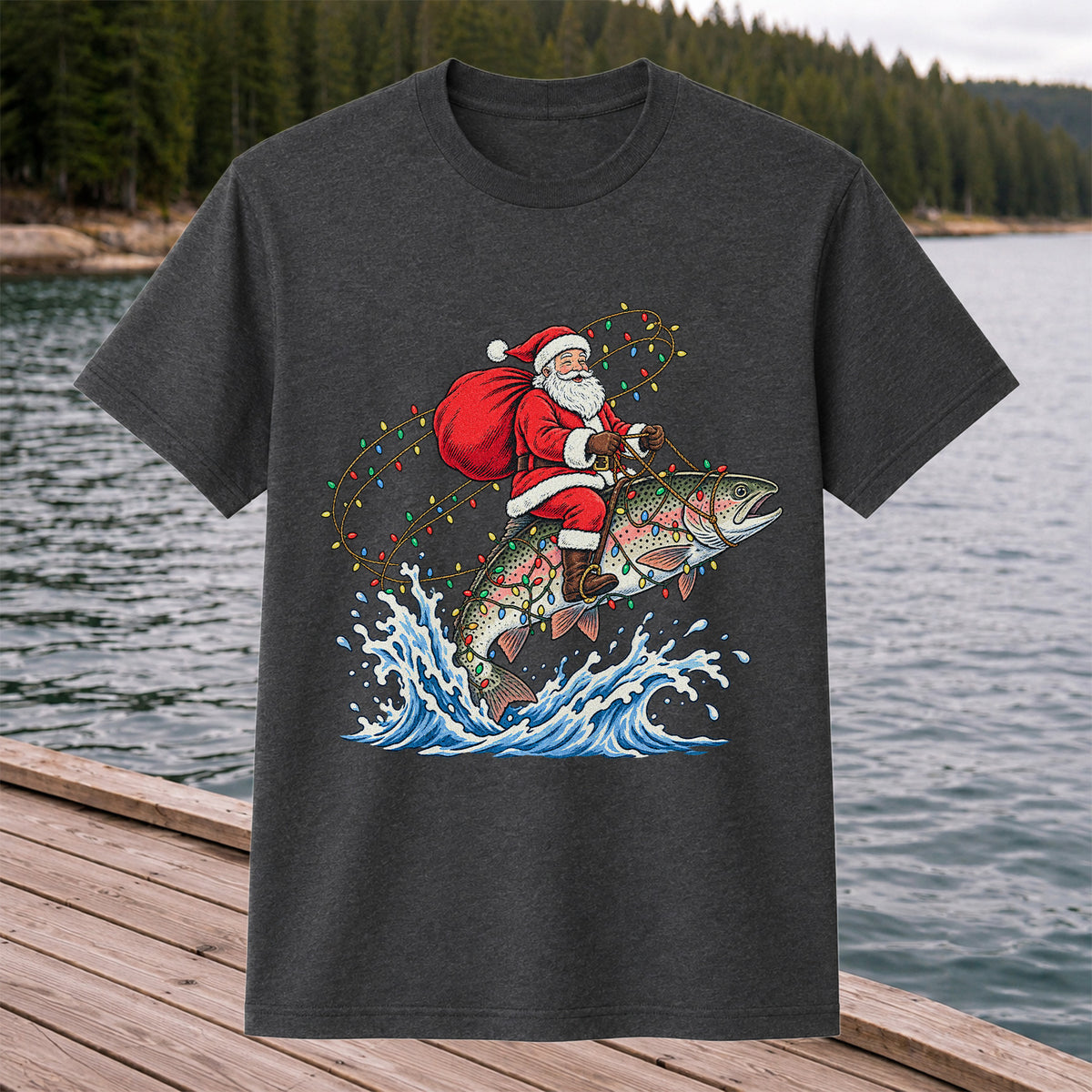 Santa Riding a Christmas-Lighted Rainbow Trout Fishing Graphic T-Shirt