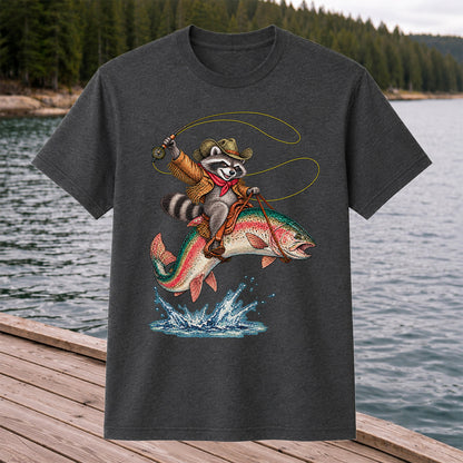 Cowboy Raccoon Riding a Rainbow Trout Fishing Graphic T-Shirt