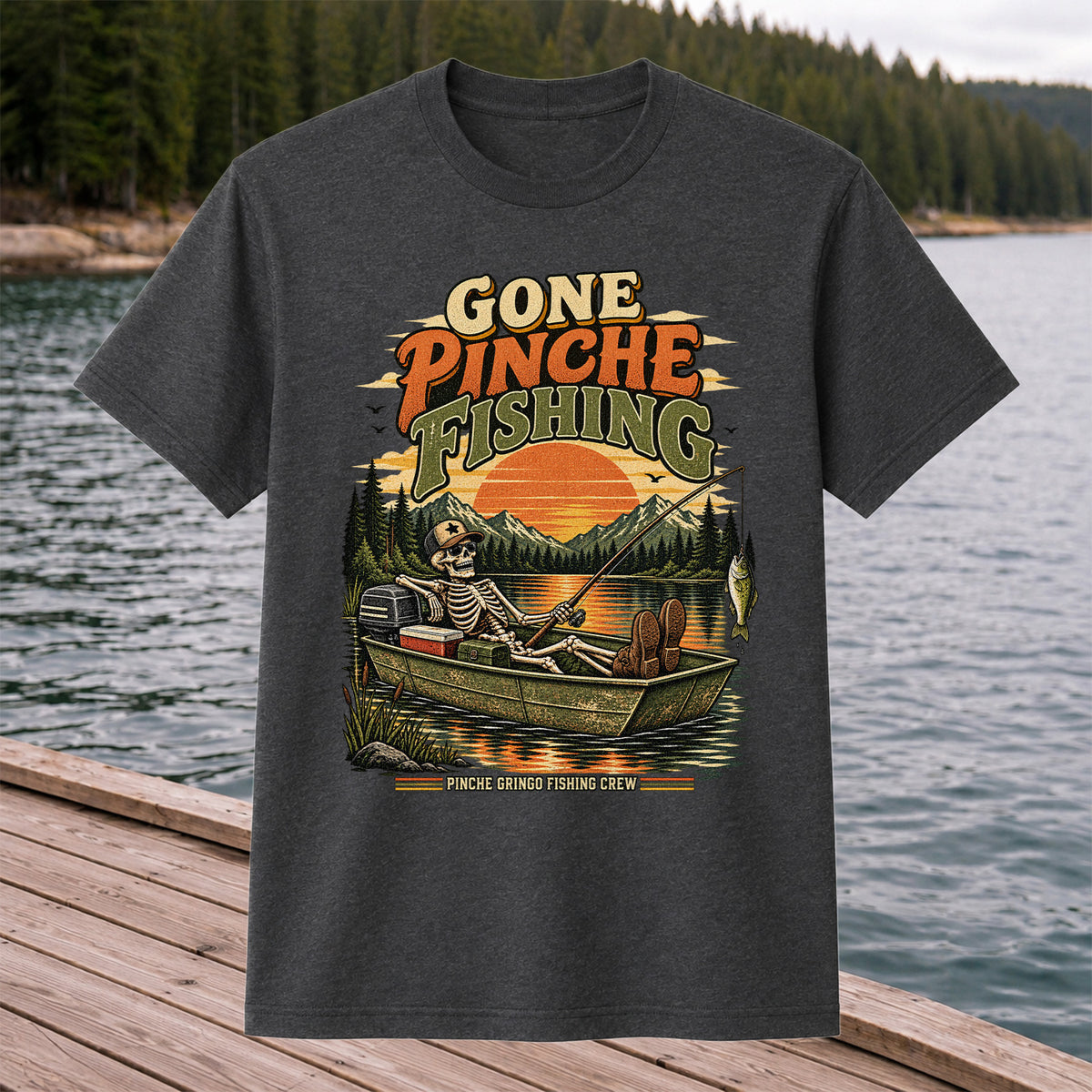 Gone Pinche Fishing Skeleton in a Boat Retro Graphic T-Shirt