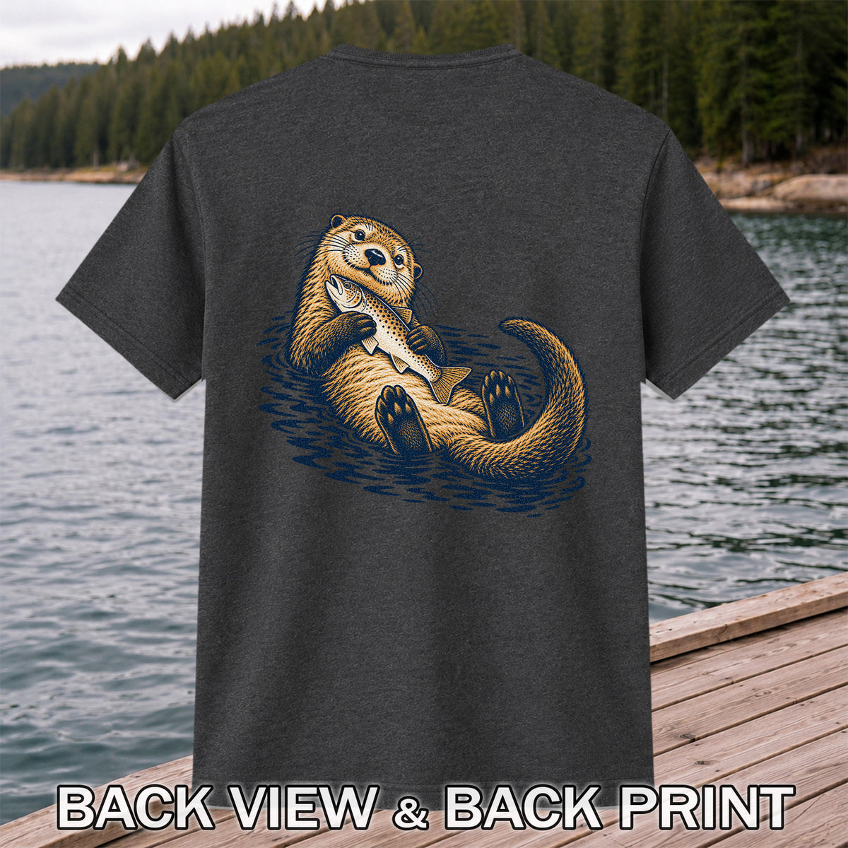 Cute Otter Holding Fish Hand Drawn Fishing Graphic T-Shirt | Back Print