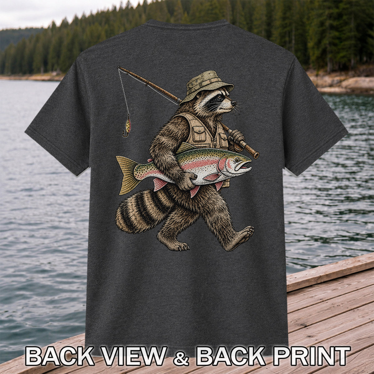 Raccoon Angler Carrying Rainbow Trout and Fishing Rod Graphic T-Shirt | Back Print