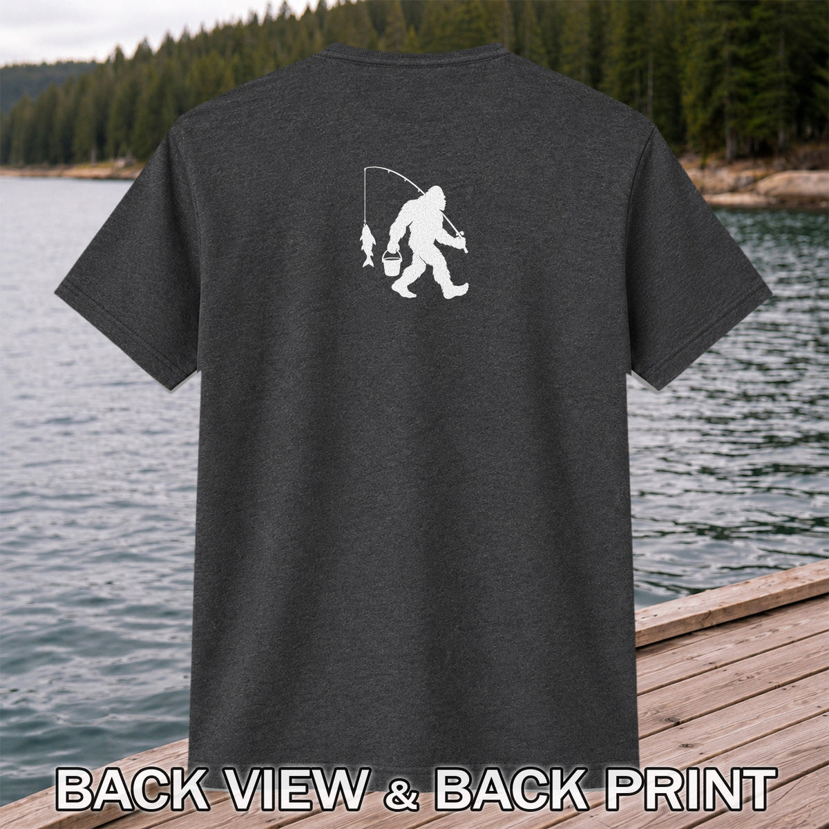 Fishing Silhouette with Catch and Bucket Graphic T-Shirt | Back Print