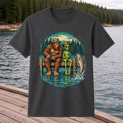 Bigfoot and Alien Fishing on a Dock with Rainbow Trout Graphic T-Shirt