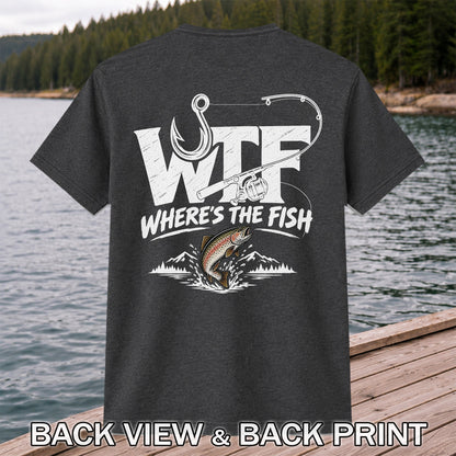 WTF Where's the Fish Jumping Trout and Fishing Rod T-Shirt | Back Print