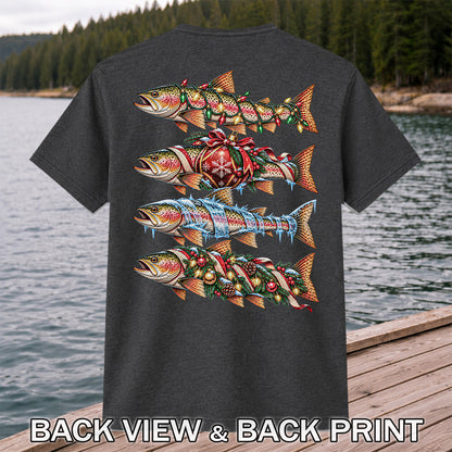 Christmas Rainbow Trout with Holiday Lights Fishing Graphic T-Shirt | Back Print