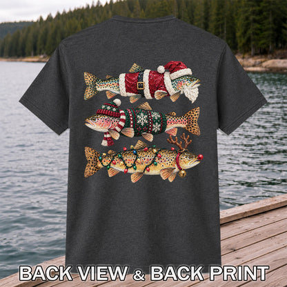 Christmas Trout Fishing Graphic T-Shirt with Festive Fish Artwork | Back Print