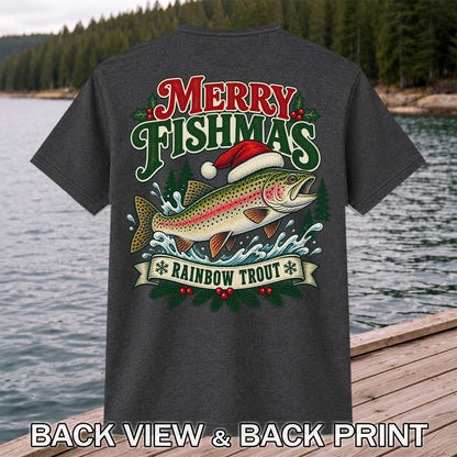 Merry Fishmas Rainbow Trout in Santa Hat Christmas Fishing T-Shirt | Back Print