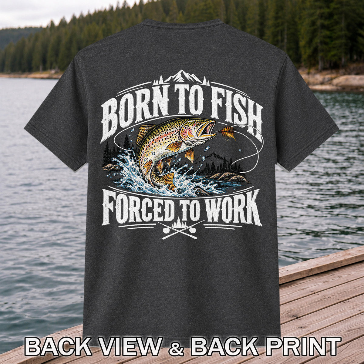 Brown Trout Mountain Lake Fishing Graphic T-Shirt | Back Print