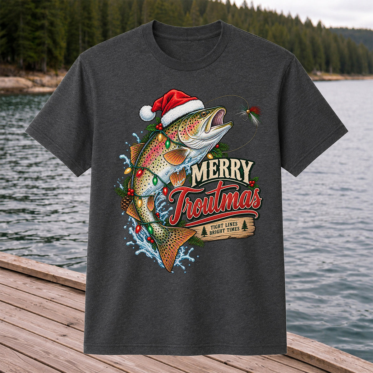 Merry Troutmas Tight Lines Bright Times Santa Hat Rainbow Trout Fishing T-Shirt