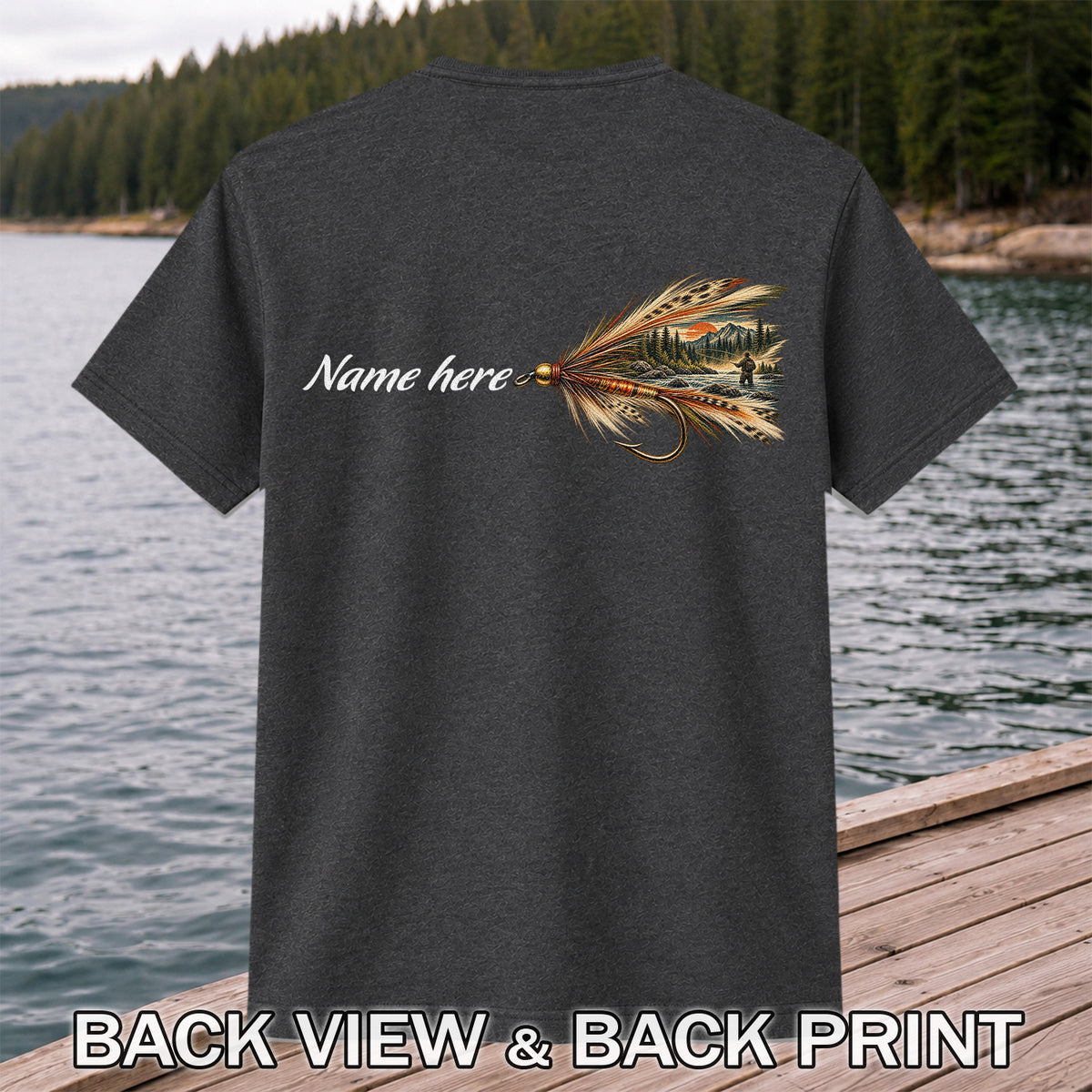 Personalized Fly Fishing Lure Name Graphic T-Shirt | Back Print