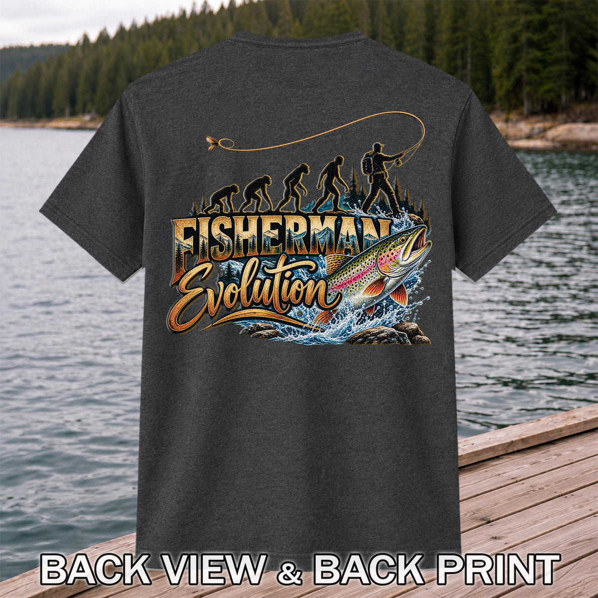 Fisherman Evolution Rainbow Trout Fly Fishing Graphic T-Shirt | Back Print