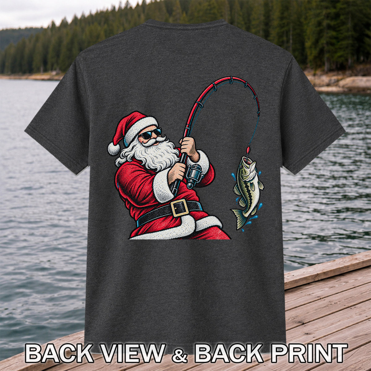Santa Claus Catching a Bass Christmas Fishing Graphic T-Shirt | Back Print