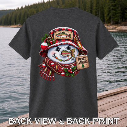 Merry Fishmas Snowman with Rainbow Trout Christmas Fishing T-Shirt | Back Print
