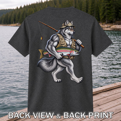 Wolf Angler Holding Rainbow Trout Fishing Graphic T-Shirt | Back Print