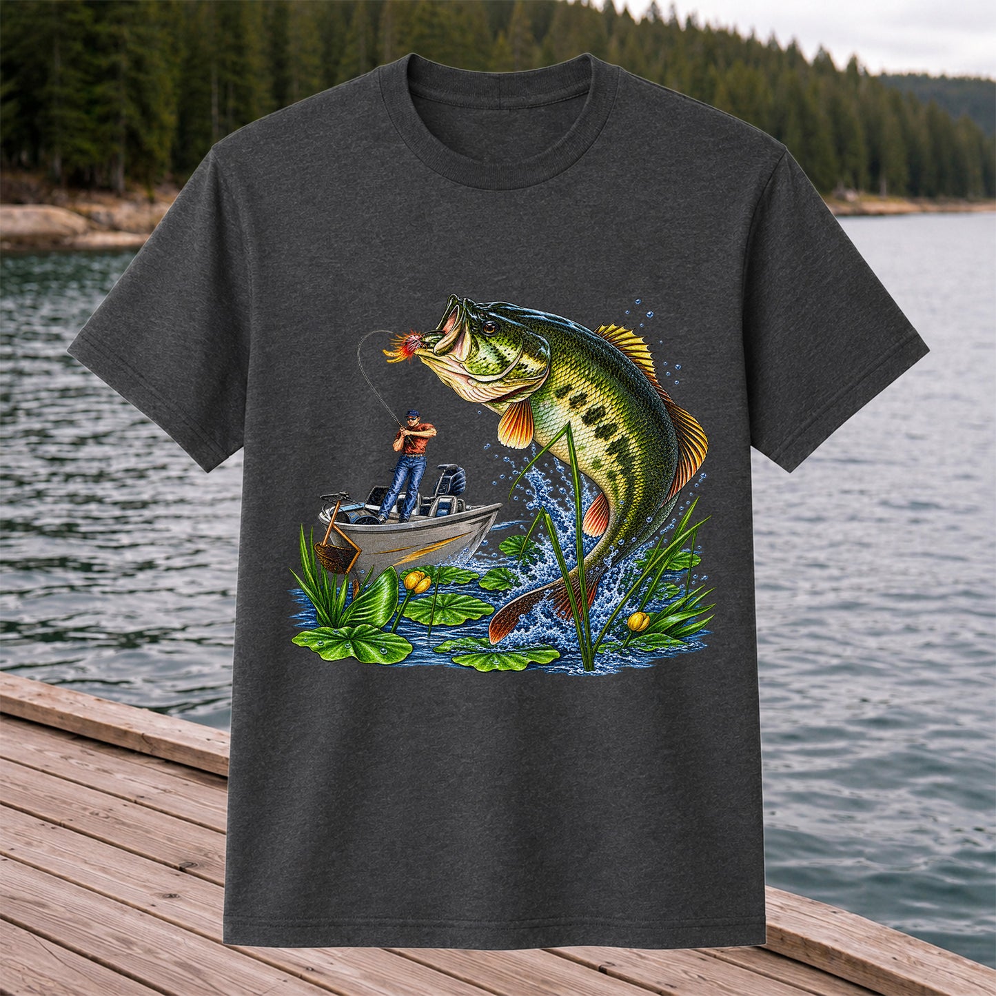 Largemouth Bass Leaping Beside Fishing Boat Graphic T-Shirt