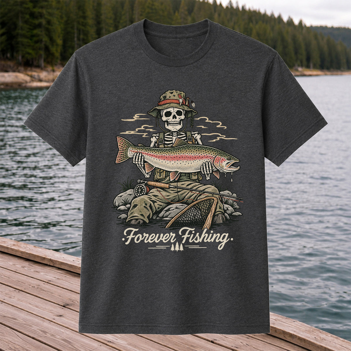 Forever Fishing Skeleton Holding Rainbow Trout Graphic T-Shirt