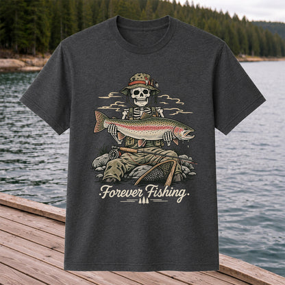 Forever Fishing Skeleton Holding Rainbow Trout Graphic T-Shirt