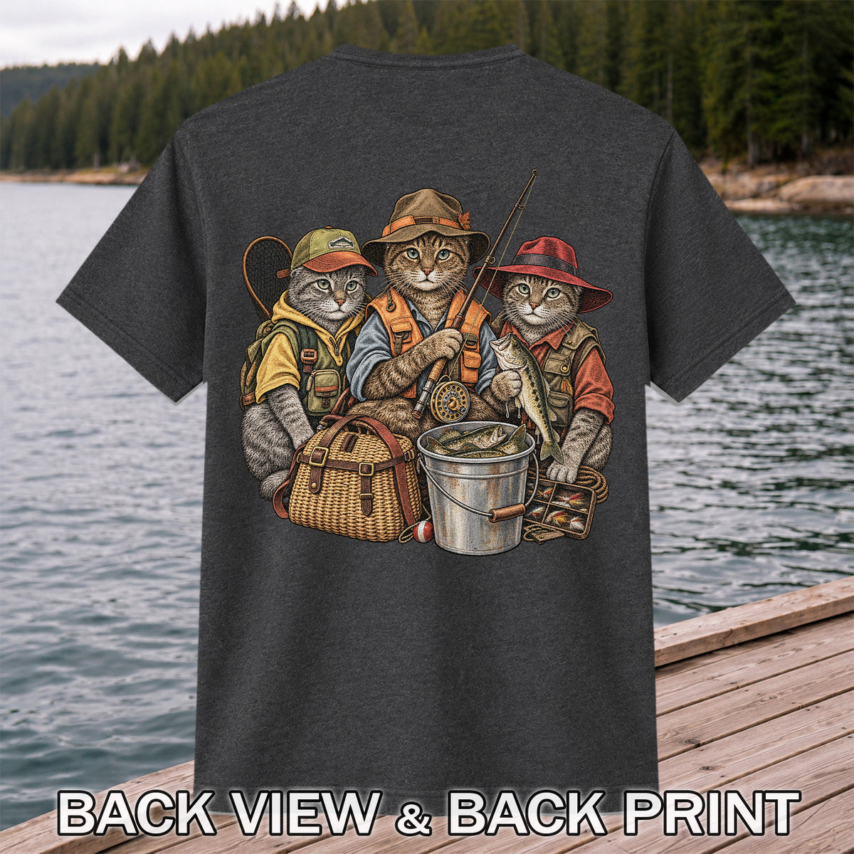 Three Fishing Cats with Rod and Catch Vintage Graphic T-Shirt | Back Print