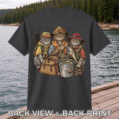 Three Fishing Cats with Rod and Catch Vintage Graphic T-Shirt | Back Print