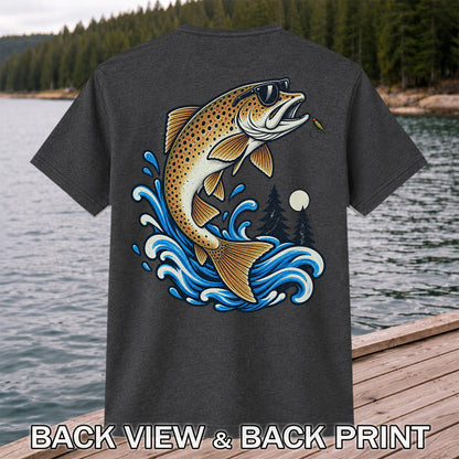 Brown Trout Sunglasses Fishing Graphic T-Shirt with Lure | Back Print