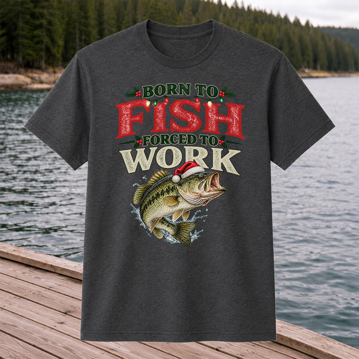 Born to Fish Forced to Work Christmas Largemouth Bass Graphic T-Shirt