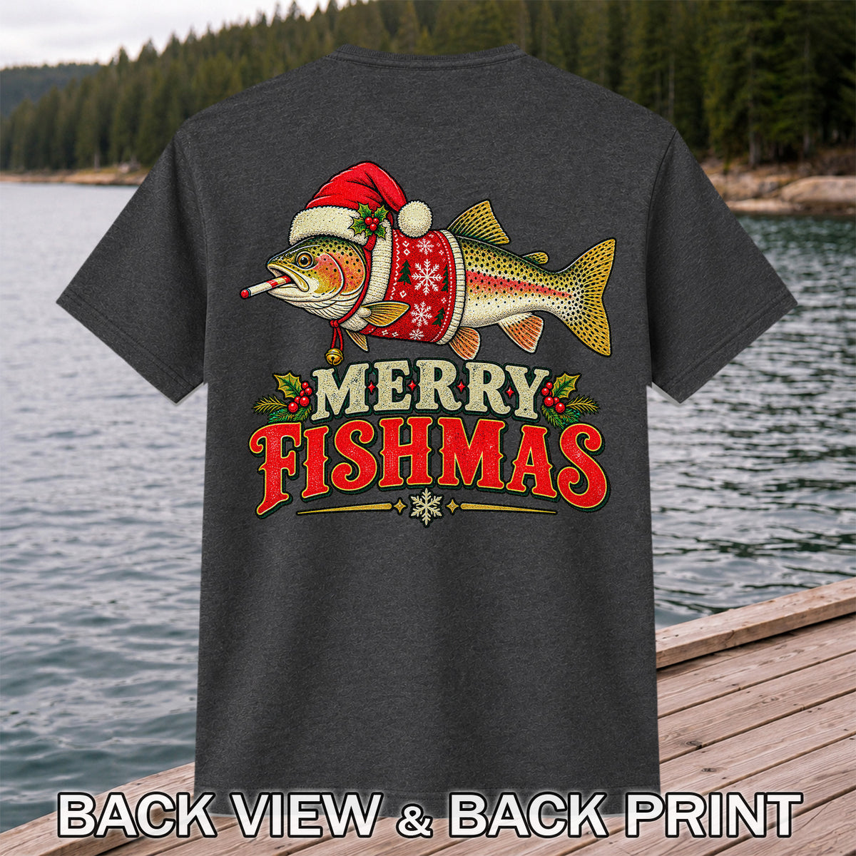Christmas Trout Santa Fishing Graphic T-Shirt | Back Print