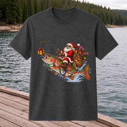 Santa Riding a Rainbow Trout Christmas Fishing Graphic T-Shirt